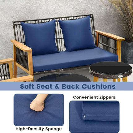7 Piece Outdoor Conversation Set with Stable Acacia Wood Frame Cozy Seat & Back Cushions-Navy - Navy - Patio
