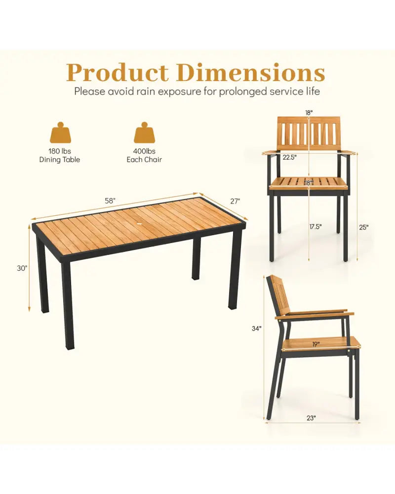 7-Piece Outdoor Dining Set for 6 with Acacia Table & Armchairs and Umbrella Hole - Patio Dining Sets