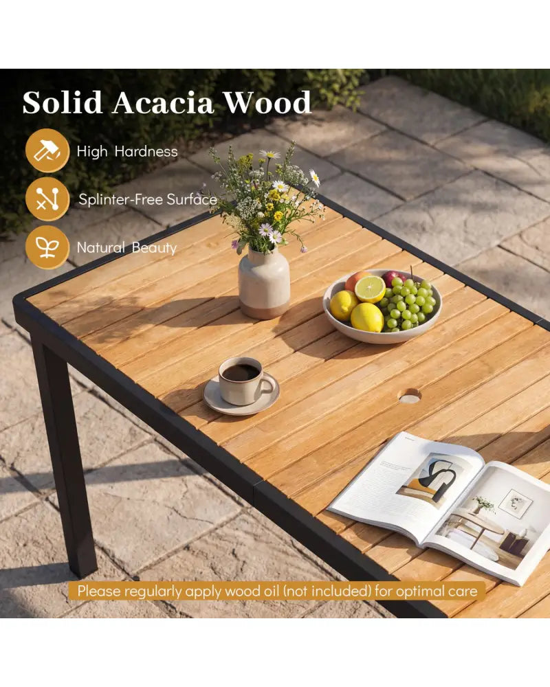 7-Piece Outdoor Dining Set for 6 with Acacia Table & Armchairs and Umbrella Hole - Patio Dining Sets