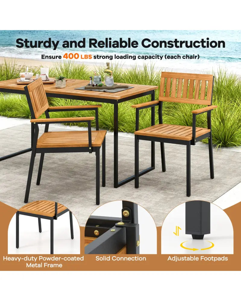 7-Piece Outdoor Dining Set for 6 with Acacia Table & Armchairs and Umbrella Hole - Patio Dining Sets