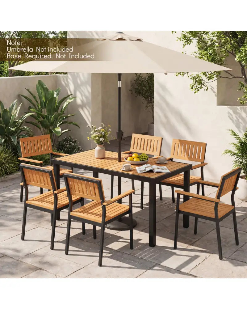 7-Piece Outdoor Dining Set for 6 with Acacia Table & Armchairs and Umbrella Hole - Patio Dining Sets