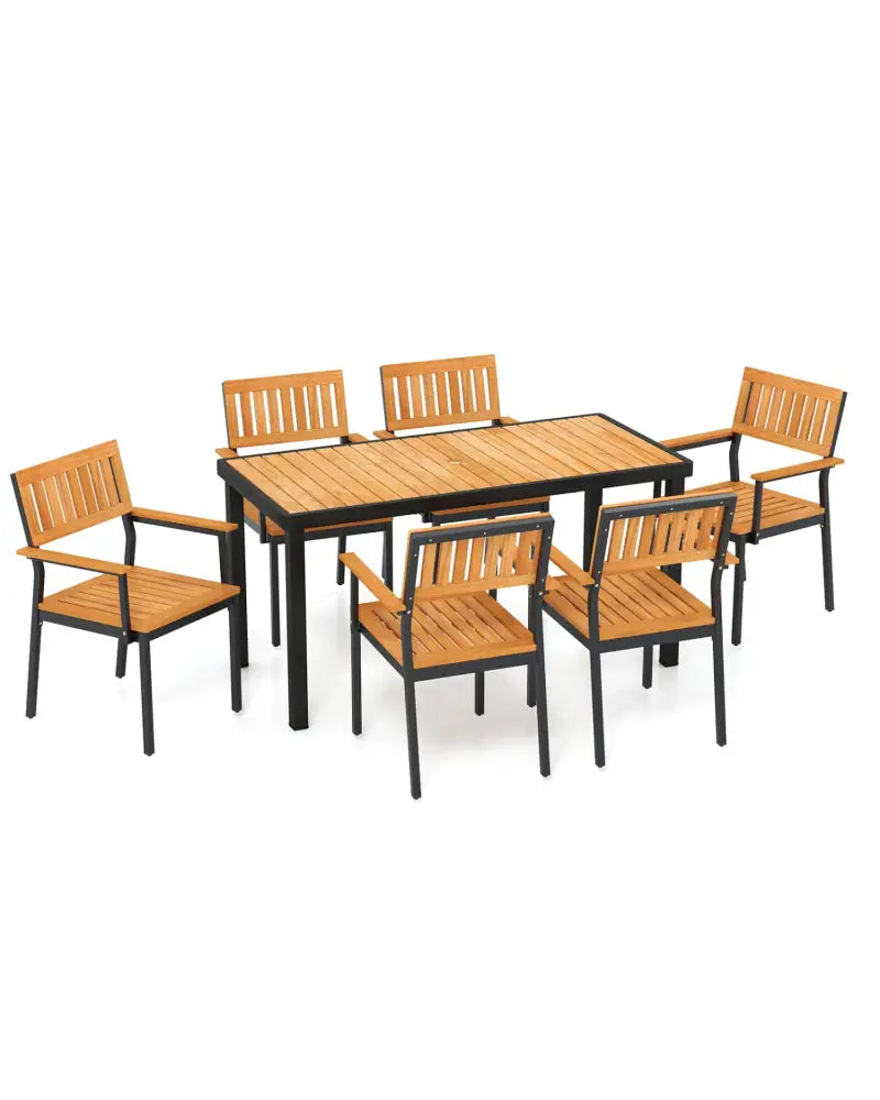 7-Piece Outdoor Dining Set for 6 with Acacia Table & Armchairs and Umbrella Hole - Patio Dining Sets
