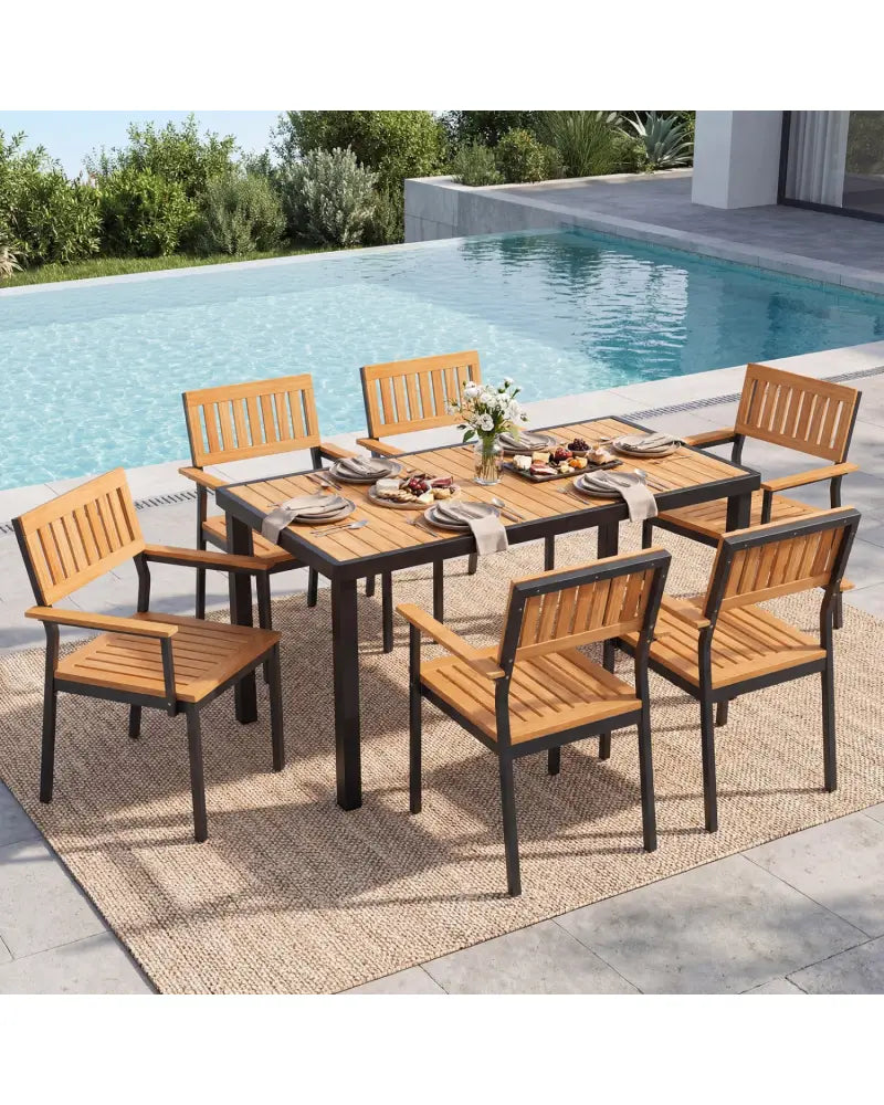 7-Piece Outdoor Dining Set for 6 with Acacia Table & Armchairs and Umbrella Hole - Patio Dining Sets