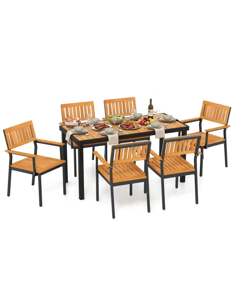 7-Piece Outdoor Dining Set for 6 with Acacia Table & Armchairs and Umbrella Hole - Patio Dining Sets