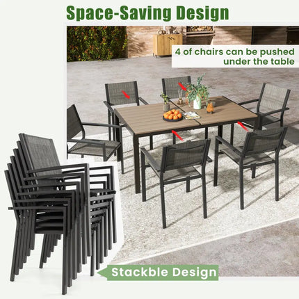 7 Piece Outdoor Dining Set with 6 Stackable Chairs and Large Rectangle Table-Gray - Gray - Patio Dining Sets