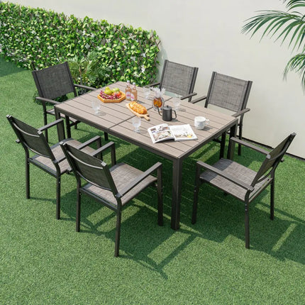 7 Piece Outdoor Dining Set with 6 Stackable Chairs and Large Rectangle Table-Gray - Gray - Patio Dining Sets