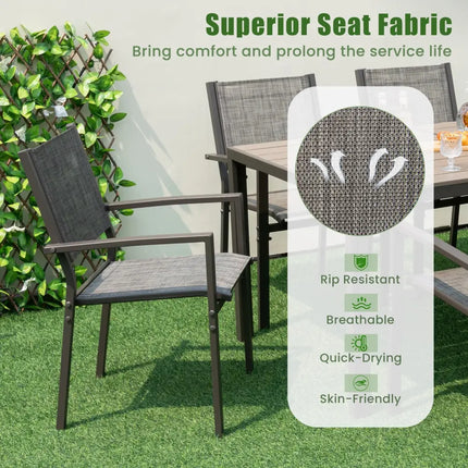 7 Piece Outdoor Dining Set with 6 Stackable Chairs and Large Rectangle Table-Gray - Gray - Patio Dining Sets