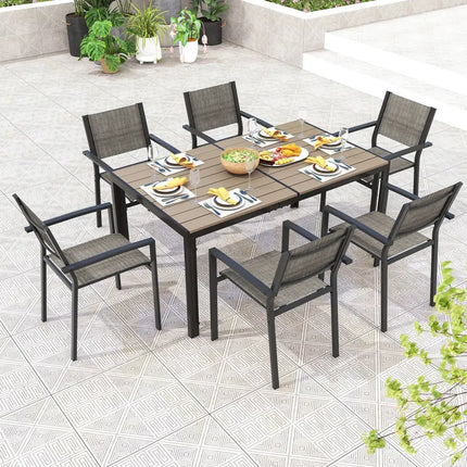 7 Piece Outdoor Dining Set with 6 Stackable Chairs and Large Rectangle Table-Gray - Gray - Patio Dining Sets