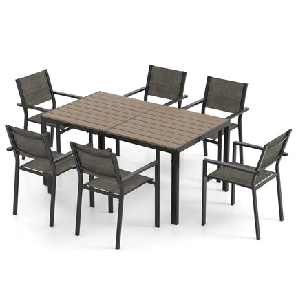 7 Piece Outdoor Dining Set with 6 Stackable Chairs and Large Rectangle Table-Gray - Gray - Patio Dining Sets