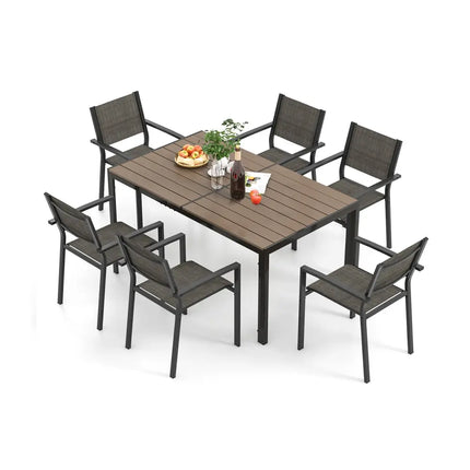 7 Piece Outdoor Dining Set with 6 Stackable Chairs and Large Rectangle Table-Gray - Gray - Patio Dining Sets