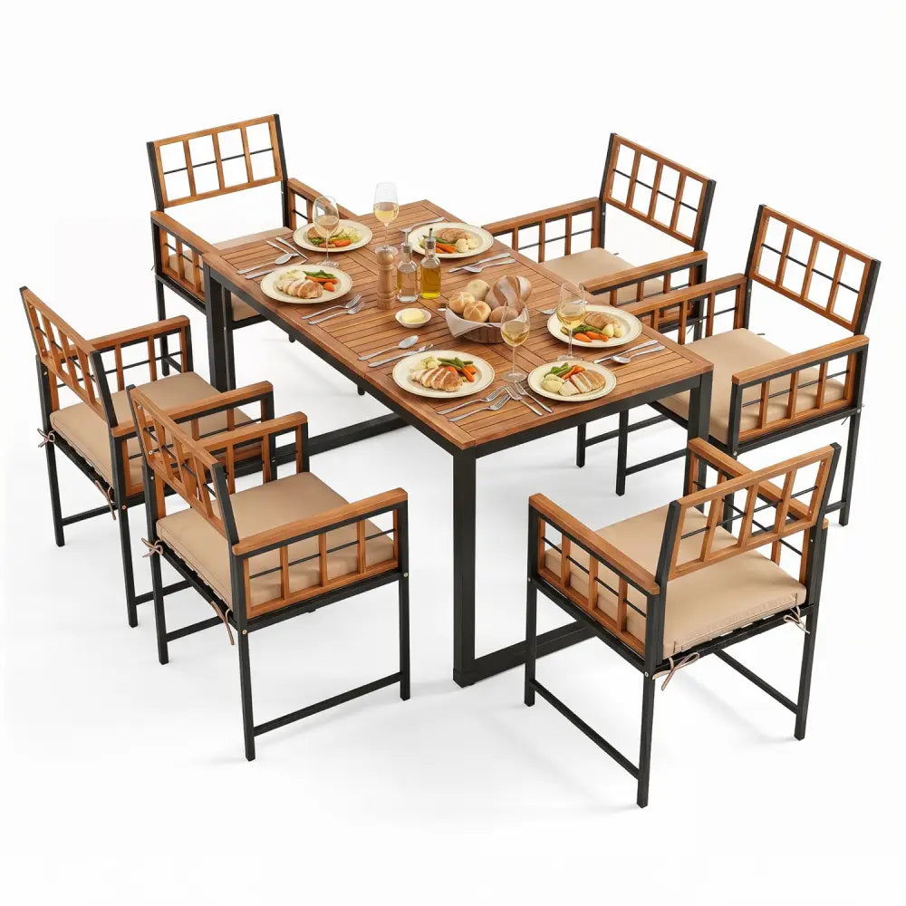 7-Piece Outdoor Dining Set with Acacia Wood Table & Chairs and Umbrella Hole-Natural & Black - Natural & Black - Patio