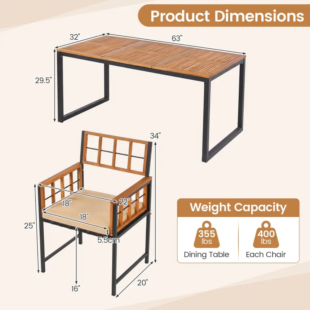 7-Piece Outdoor Dining Set with Acacia Wood Table & Chairs and Umbrella Hole-Natural & Black - Natural & Black - Patio