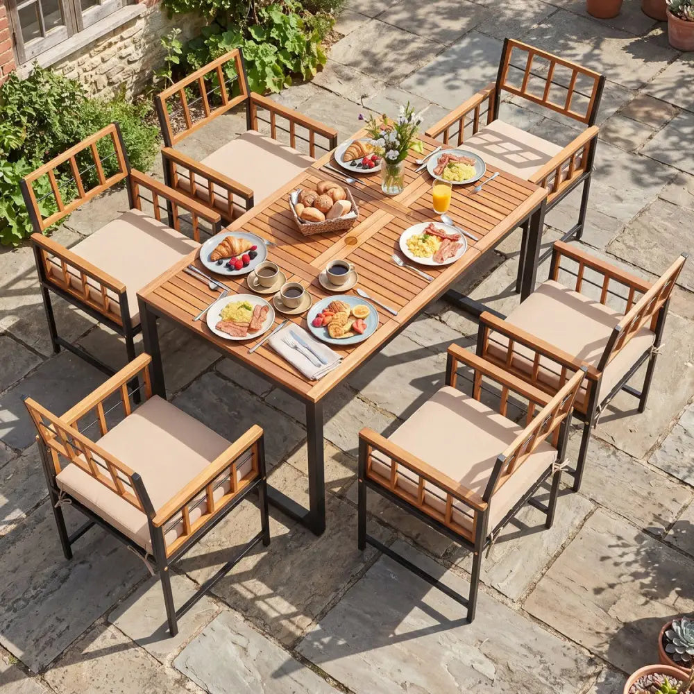 7-Piece Outdoor Dining Set with Acacia Wood Table & Chairs and Umbrella Hole-Natural & Black - Natural & Black - Patio
