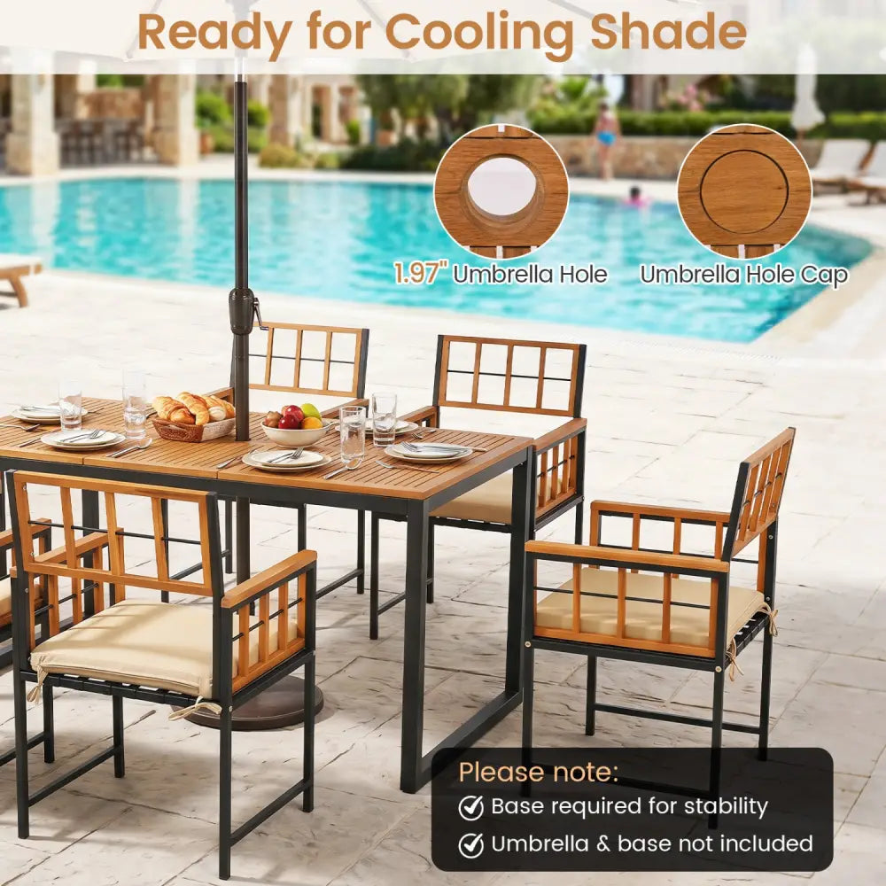 7-Piece Outdoor Dining Set with Acacia Wood Table & Chairs and Umbrella Hole-Natural & Black - Natural & Black - Patio