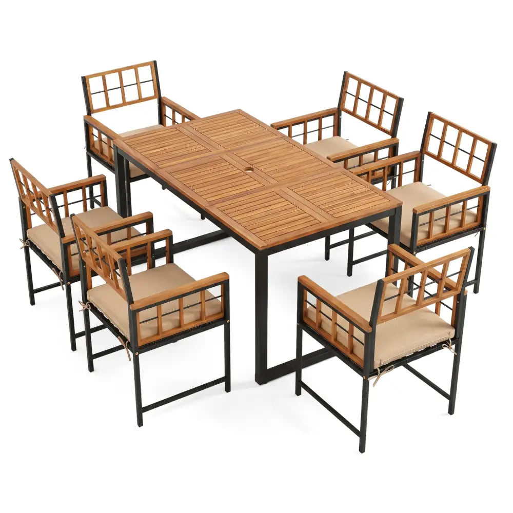 7-Piece Outdoor Dining Set with Acacia Wood Table & Chairs and Umbrella Hole-Natural & Black - Natural & Black - Patio
