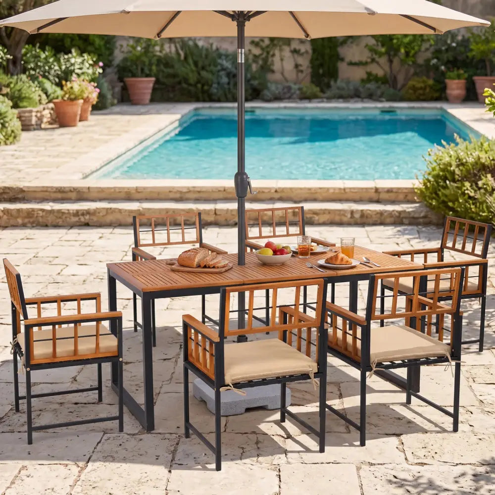 7-Piece Outdoor Dining Set with Acacia Wood Table & Chairs and Umbrella Hole-Natural & Black - Natural & Black - Patio