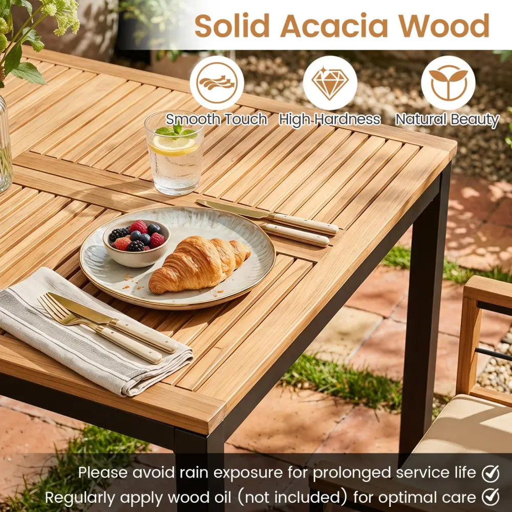 7-Piece Outdoor Dining Set with Acacia Wood Table & Chairs and Umbrella Hole-Natural & Black - Natural & Black - Patio