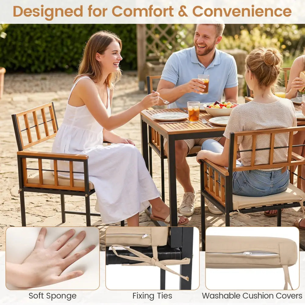 7-Piece Outdoor Dining Set with Acacia Wood Table & Chairs and Umbrella Hole-Natural & Black - Natural & Black - Patio