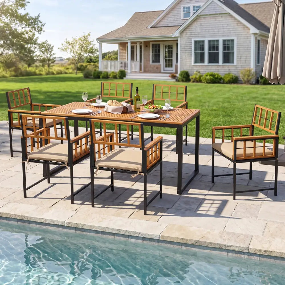 7-Piece Outdoor Dining Set with Acacia Wood Table & Chairs and Umbrella Hole-Natural & Black - Natural & Black - Patio