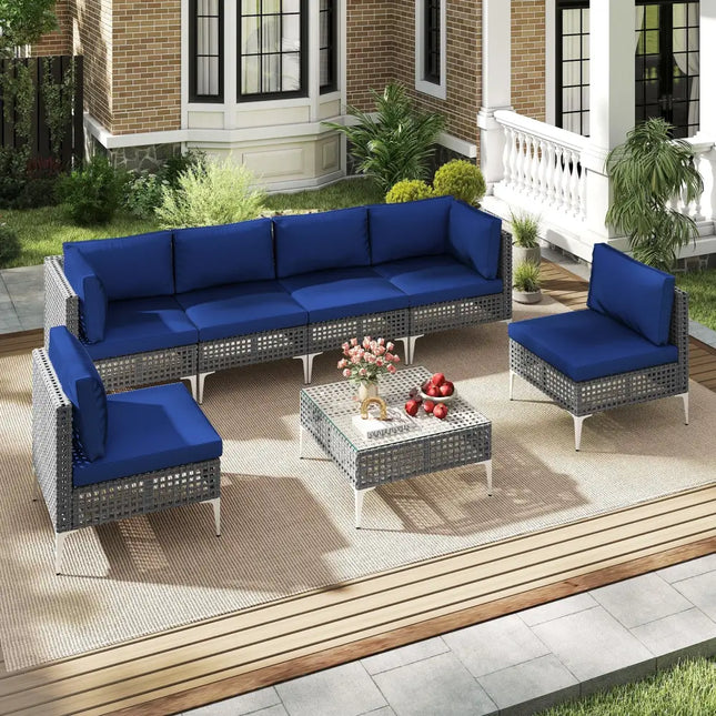 7 Piece Outdoor Furniture Set Wicker Chairs with Tempered Glass Coffee Table-Navy - Navy - Patio Conversation Sets