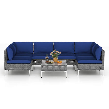 7 Piece Outdoor Furniture Set Wicker Chairs with Tempered Glass Coffee Table-Navy - Navy - Patio Conversation Sets