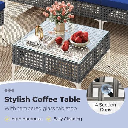 7 Piece Outdoor Furniture Set Wicker Chairs with Tempered Glass Coffee Table-Navy - Navy - Patio Conversation Sets