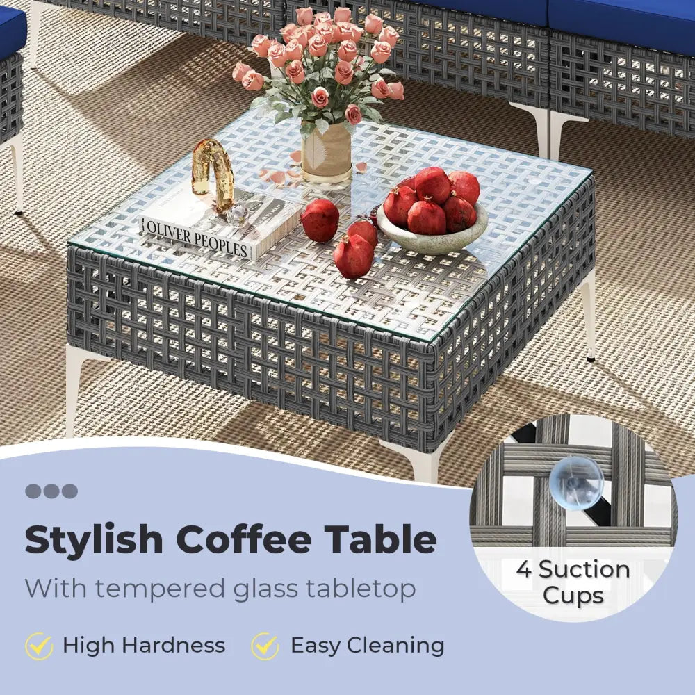 7 Piece Outdoor Furniture Set Wicker Chairs with Tempered Glass Coffee Table-Navy - Navy - Patio Conversation Sets