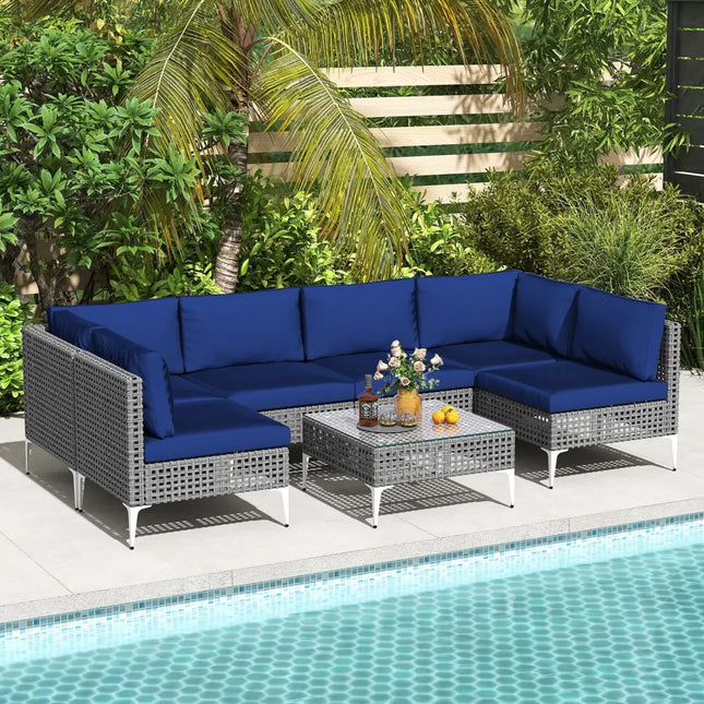 7 Piece Outdoor Furniture Set Wicker Chairs with Tempered Glass Coffee Table-Navy - Navy - Patio Conversation Sets