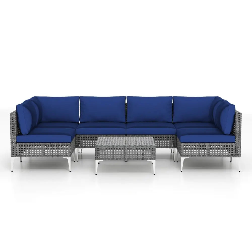 7 Piece Outdoor Furniture Set Wicker Chairs with Tempered Glass Coffee Table-Navy - Navy - Patio Conversation Sets