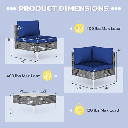 7 Piece Outdoor Furniture Set Wicker Chairs with Tempered Glass Coffee Table-Navy - Navy - Patio Conversation Sets