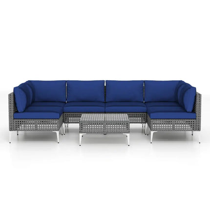7 Piece Outdoor Furniture Set Wicker Chairs with Tempered Glass Coffee Table-Navy - Navy - Patio Conversation Sets