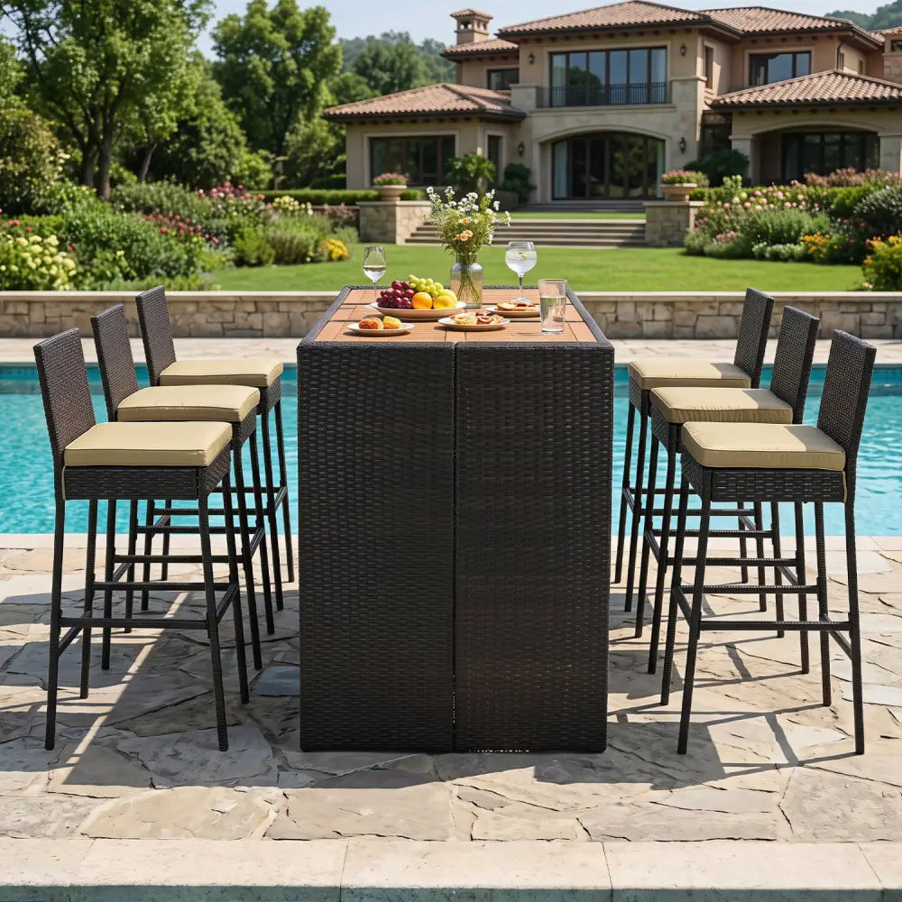 7-Piece Outdoor PE Wicker Bar Set with Bar Height Table and 6 Cushioned Stools for Yard-Brown - Brown - Patio Dining