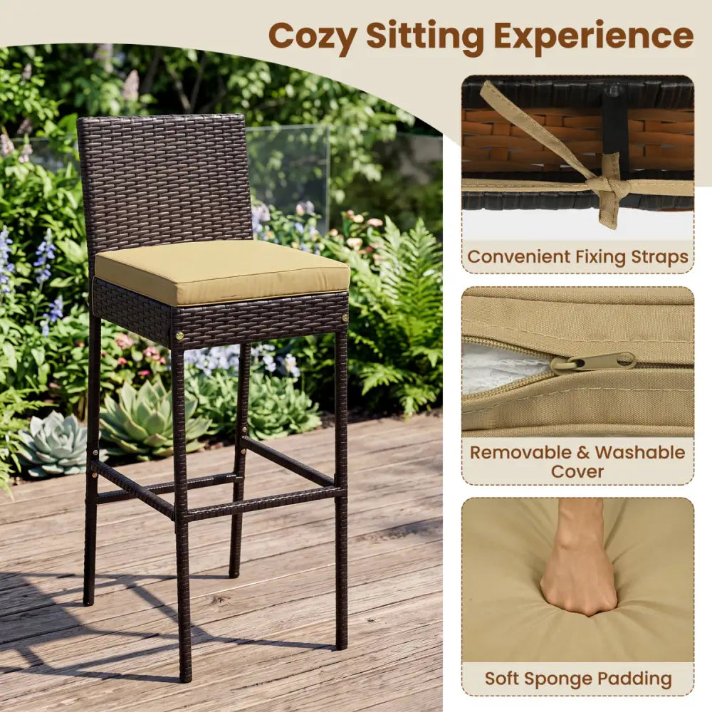 7-Piece Outdoor PE Wicker Bar Set with Bar Height Table and 6 Cushioned Stools for Yard-Brown - Brown - Patio Dining