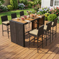 7-Piece Outdoor PE Wicker Bar Set with Bar Height Table and 6 Cushioned Stools for Yard-Brown - Brown - Patio Dining
