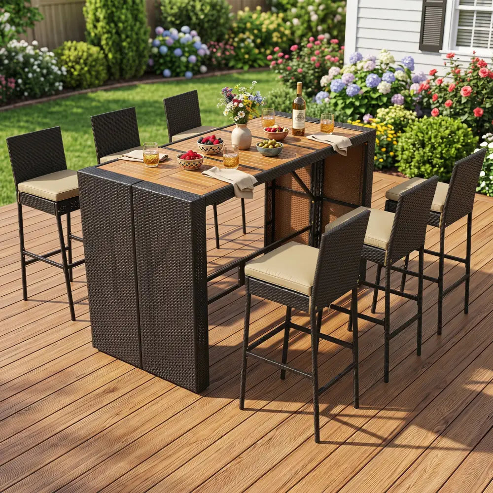 7-Piece Outdoor PE Wicker Bar Set with Bar Height Table and 6 Cushioned Stools for Yard-Brown - Brown - Patio Dining