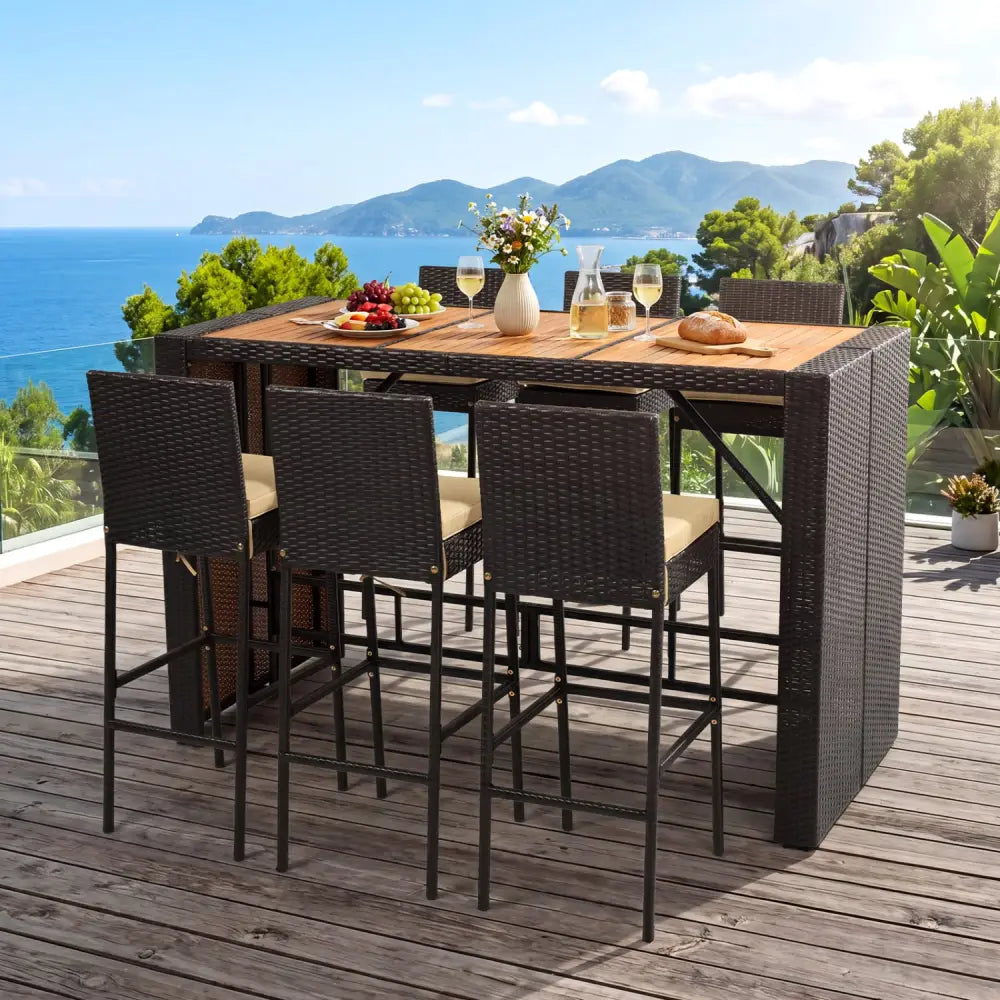 7-Piece Outdoor PE Wicker Bar Set with Bar Height Table and 6 Cushioned Stools for Yard-Brown - Brown - Patio Dining