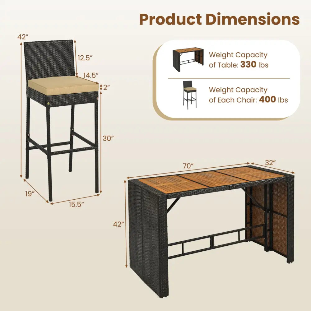 7-Piece Outdoor PE Wicker Bar Set with Bar Height Table and 6 Cushioned Stools for Yard-Brown - Brown - Patio Dining