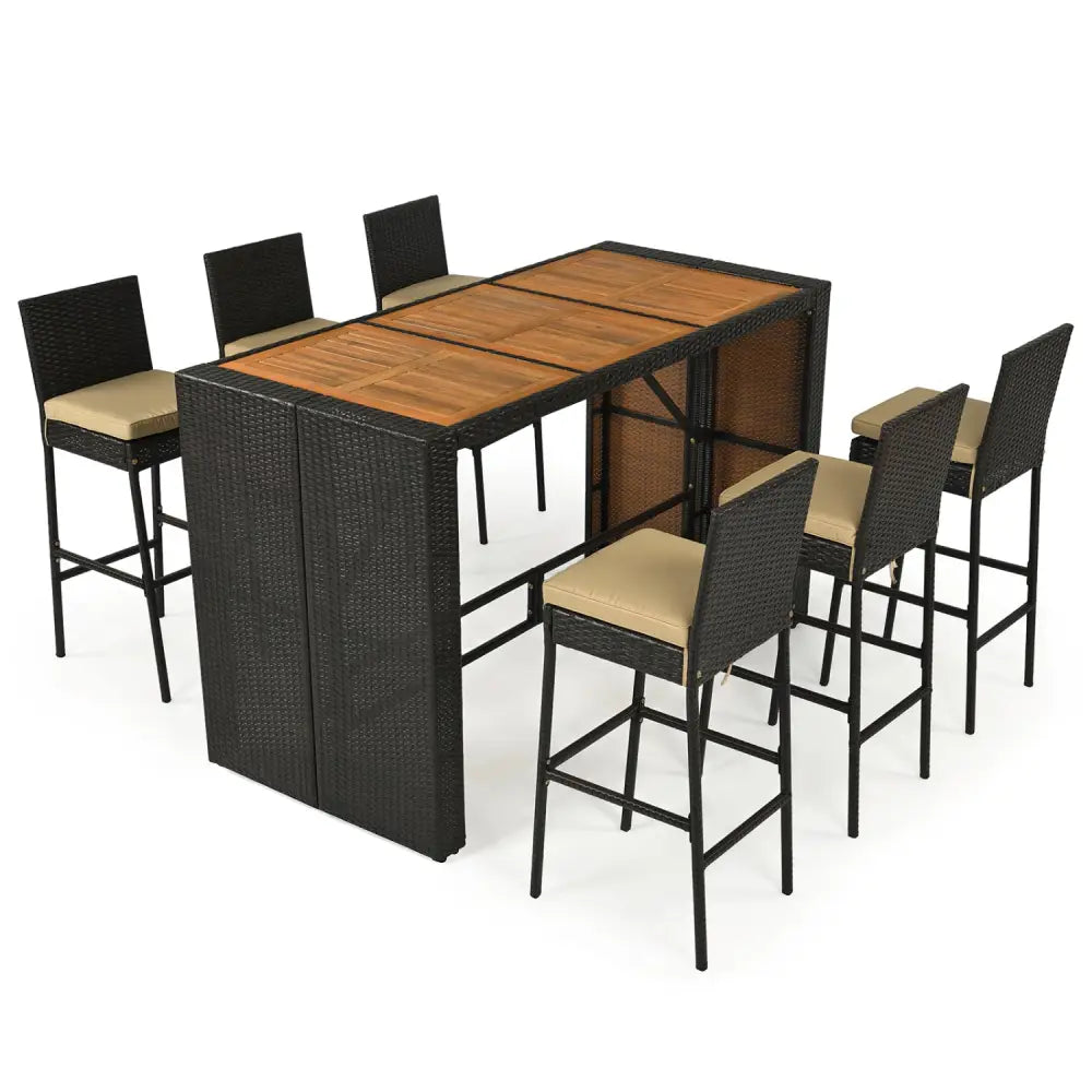 7-Piece Outdoor PE Wicker Bar Set with Bar Height Table and 6 Cushioned Stools for Yard-Brown - Brown - Patio Dining