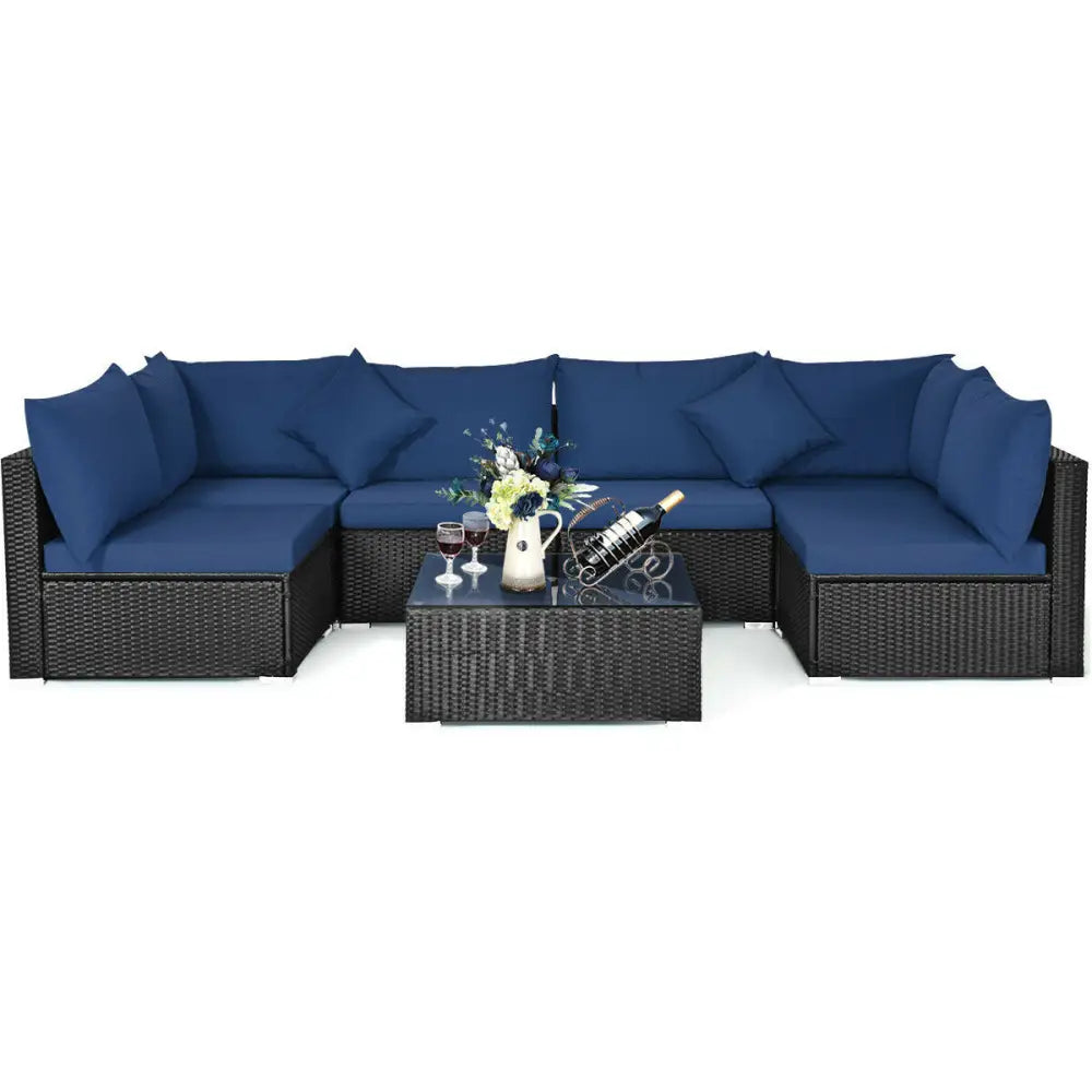 7-Piece Outdoor Sectional Wicker Patio Sofa Set with Tempered Glass Top-Navy - Navy - Outdoor Sectionals