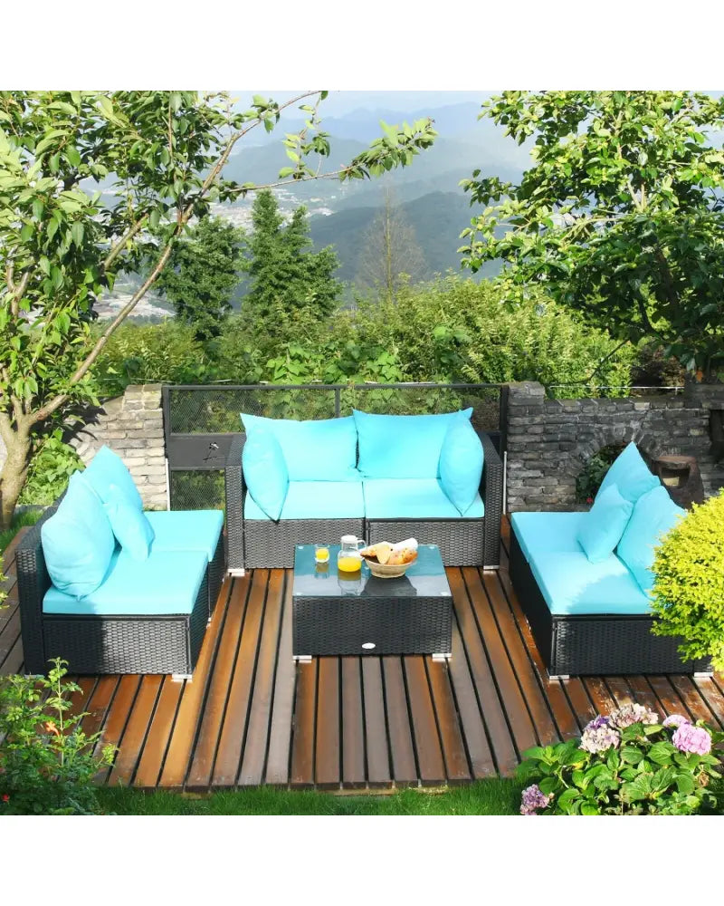 7-Piece Outdoor Sectional Wicker Patio Sofa Set with Tempered Glass Top-Blue - Blue - Outdoor Sectionals