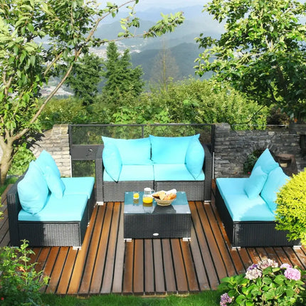 7-Piece Outdoor Sectional Wicker Patio Sofa Set with Tempered Glass Top-Blue - Blue - Outdoor Sectionals