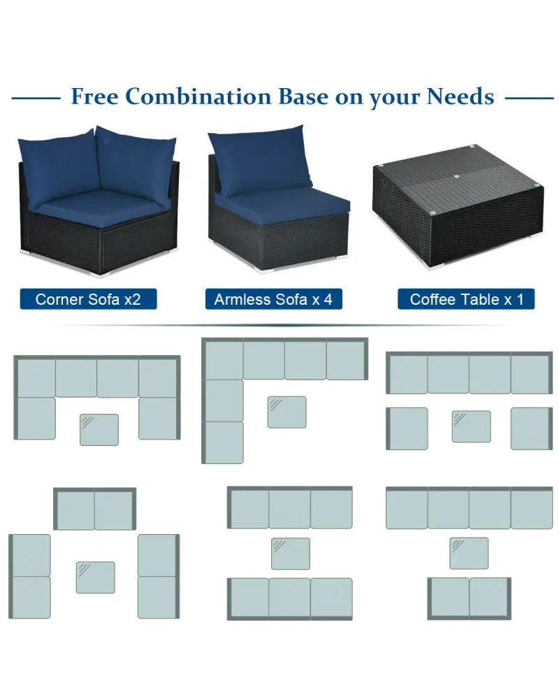 7-Piece Outdoor Sectional Wicker Patio Sofa Set with Tempered Glass Top-Navy - Navy - Outdoor Sectionals