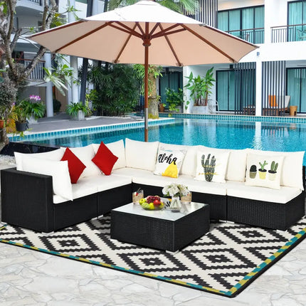 7-Piece Outdoor Sectional Wicker Patio Sofa Set with Tempered Glass Top-Beige - Beige - Outdoor Sectionals