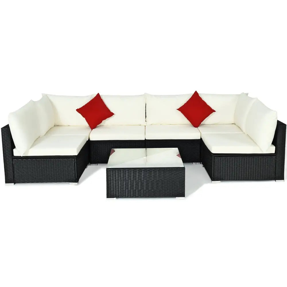 7-Piece Outdoor Sectional Wicker Patio Sofa Set with Tempered Glass Top-Beige - Beige - Outdoor Sectionals