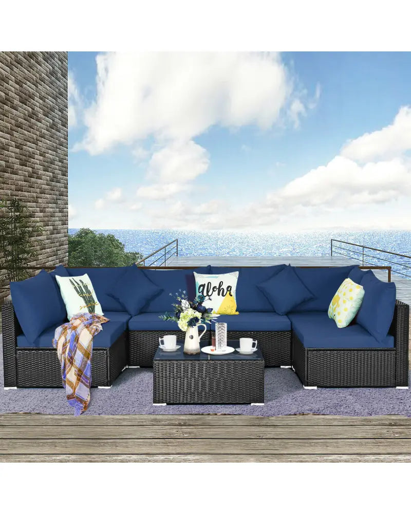 7-Piece Outdoor Sectional Wicker Patio Sofa Set with Tempered Glass Top-Navy - Navy - Outdoor Sectionals