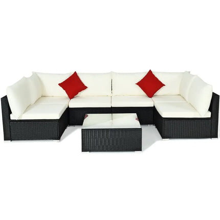 7-Piece Outdoor Sectional Wicker Patio Sofa Set with Tempered Glass Top-Beige - Beige - Outdoor Sectionals