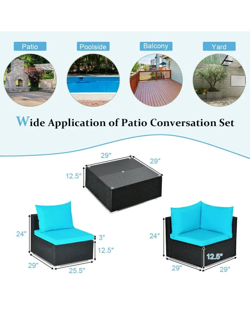 7-Piece Outdoor Sectional Wicker Patio Sofa Set with Tempered Glass Top-Blue - Blue - Outdoor Sectionals
