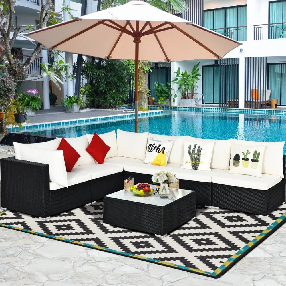 7-Piece Outdoor Sectional Wicker Patio Sofa Set with Tempered Glass Top-Beige - Beige - Outdoor Sectionals