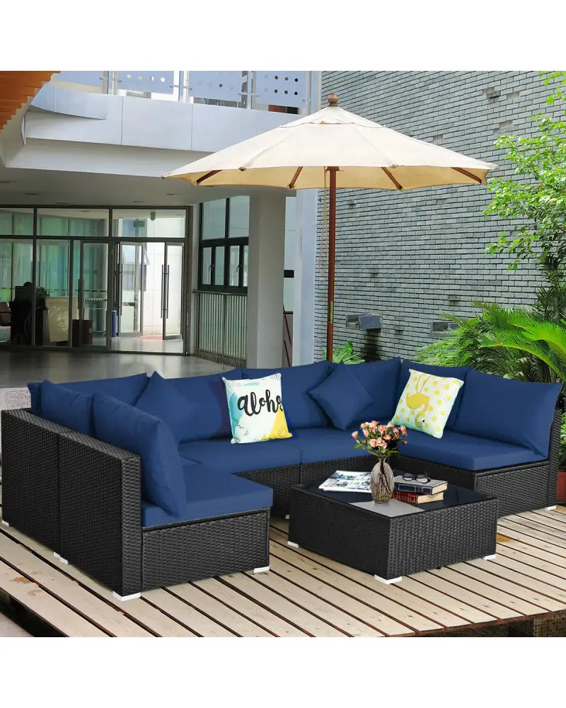 7-Piece Outdoor Sectional Wicker Patio Sofa Set with Tempered Glass Top-Navy - Navy - Outdoor Sectionals