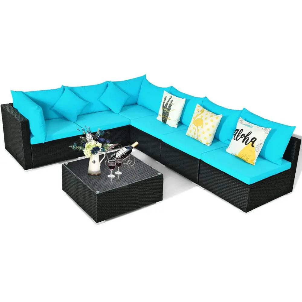 7-Piece Outdoor Sectional Wicker Patio Sofa Set with Tempered Glass Top-Blue - Blue - Outdoor Sectionals